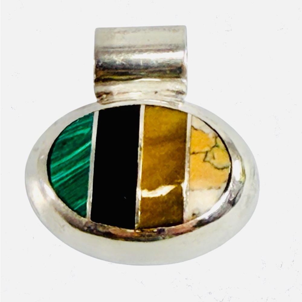 Vtg Sterling Silver 925 Malachite Onyx Multi Stone Pendant Silverworld India
